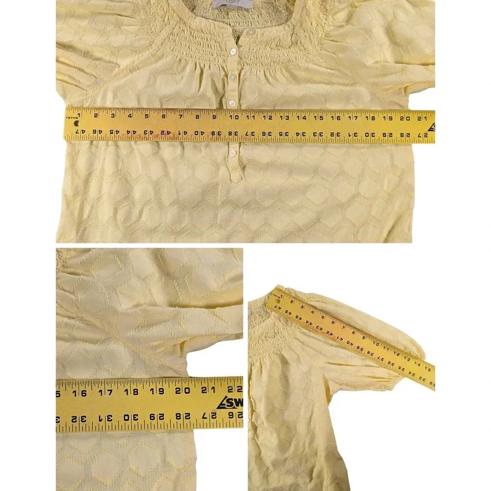 LOFT Textured Geometric 100% Cotton pastel yellow peasant blouse womens small